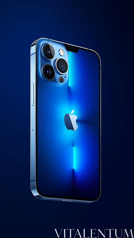 iPhone 12 Pro Max rendered against blue backdrop with illuminated display.