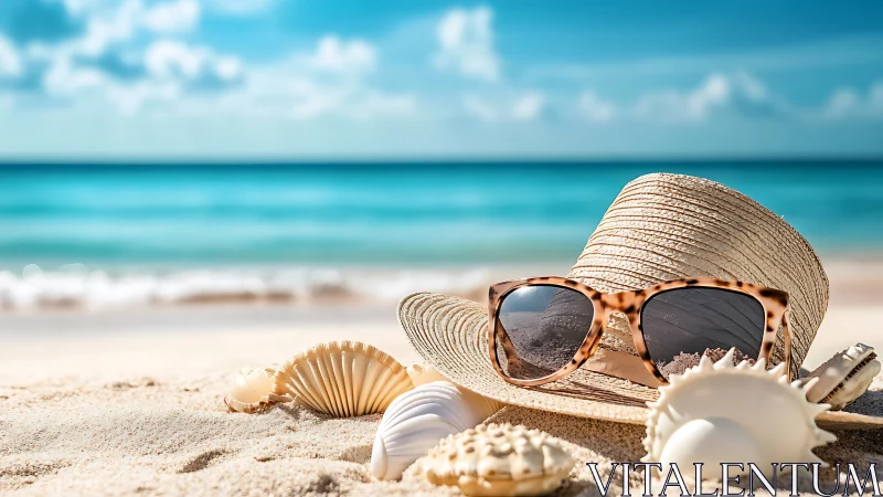 Straw hat and sunglasses rest on sunlit sand before turquoise sea