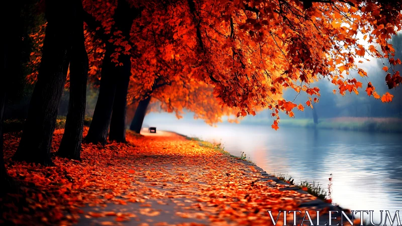 Riverside path lined with vivid orange autumn foliage.