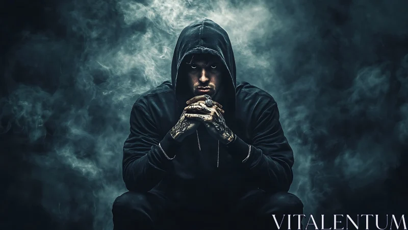 Hooded figure in low key chiaroscuro amid volumetric smoke fields.