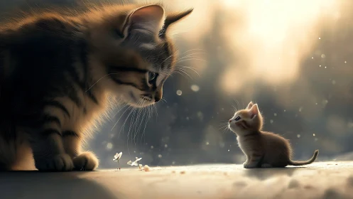 Giant Cat Observes Kitten in Golden Sunlit Moment.