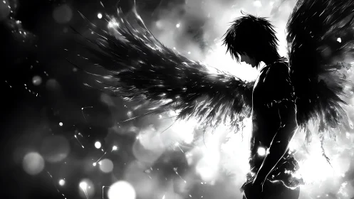 Dark winged figure stands in luminous monochrome haze