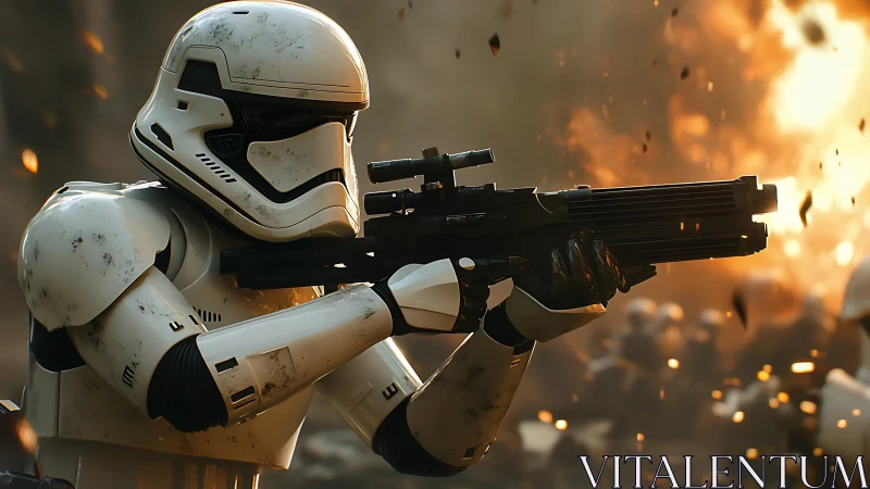 Armored futuristic soldier aims rifle amid fiery battlefield