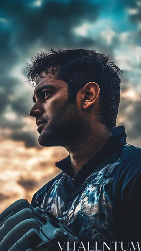 Cinematic athlete portrait under dramatic storm-lit sky.
