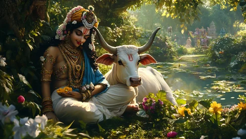 Seated adorned figure rests beside white cow near pond