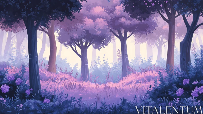 Enchanted Purple Forest with Blooming Flowers at Dawn