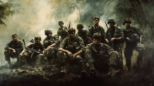 Digital painting of infantry squad in mist-laden jungle theatre.