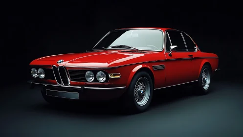 Studio-lit red vintage BMW coupe in three-quarter front view