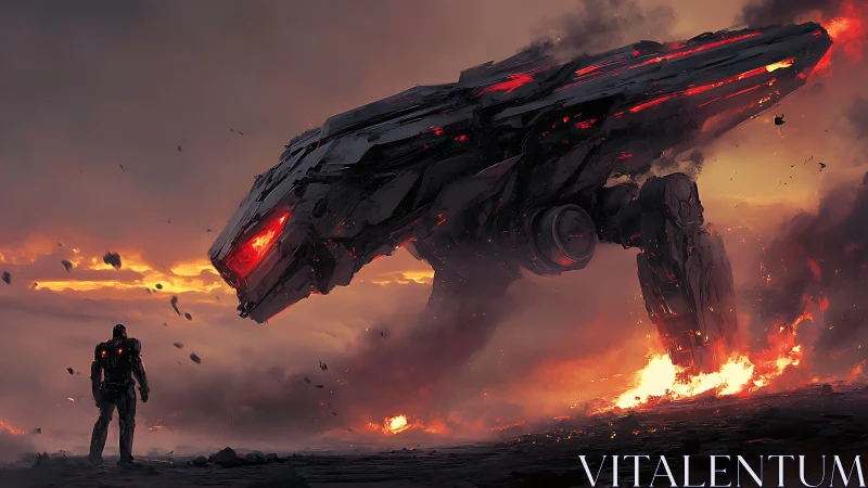 Nightfall showdown sets a lone soldier against burning war mech