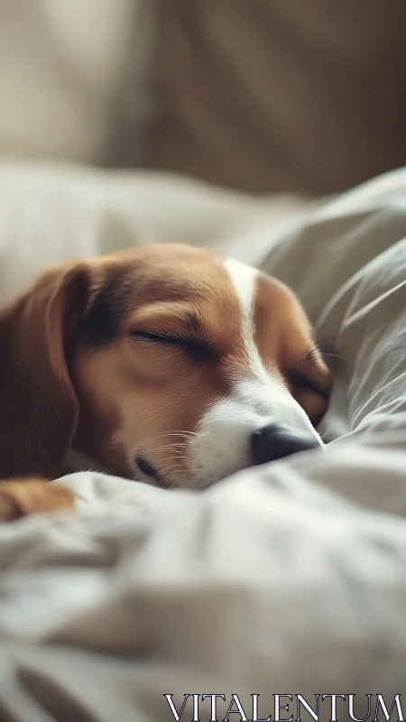 Dreaming beagle curls into linen clouds and dozes deeply