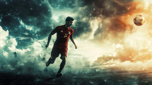 Soccer player sprints through cosmic storm toward ball.