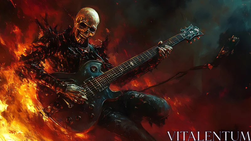 Skeletal electric guitarist in fiery infernal environment.