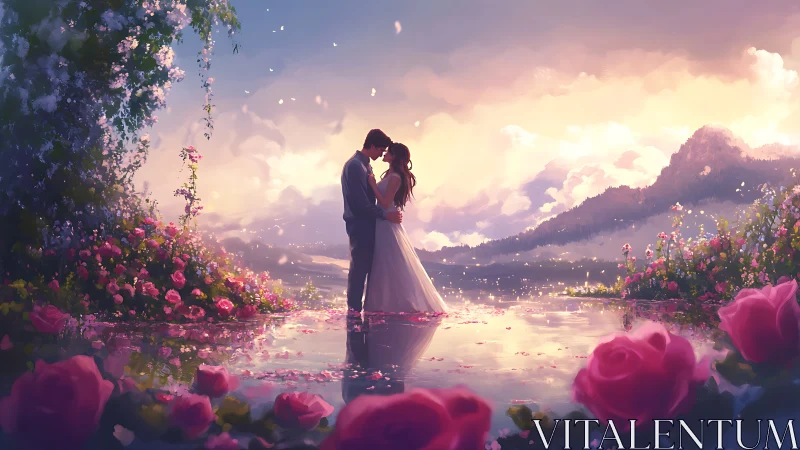 Romantic Couple Embracing in Ethereal Floral Landscape