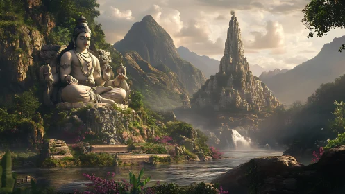 Peaceful mountain deity watching over a misty sacred valley.