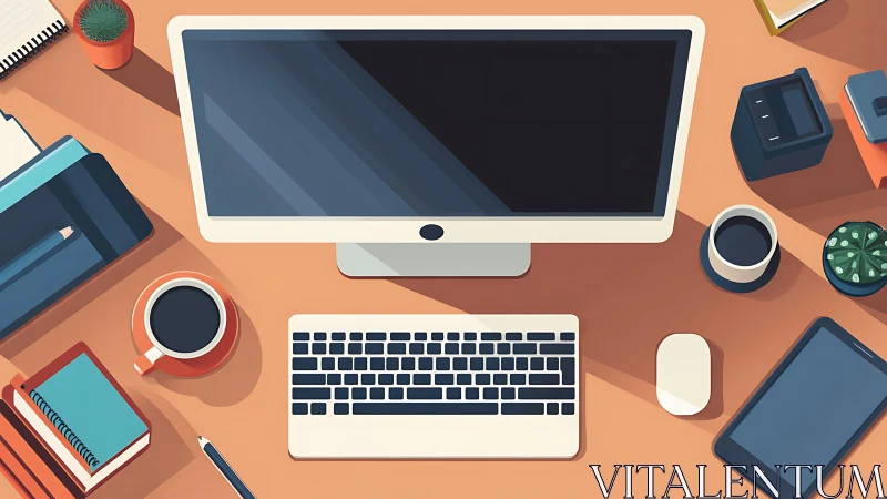 Organized digital workspace with computer and desk items.