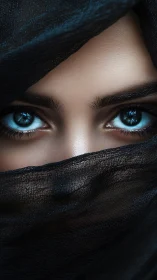 Intense blue eyes framed by sheer black veil fabric.