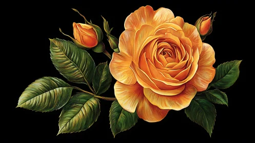 Golden Orange Rose with Buds - Botanical Digital Illustration