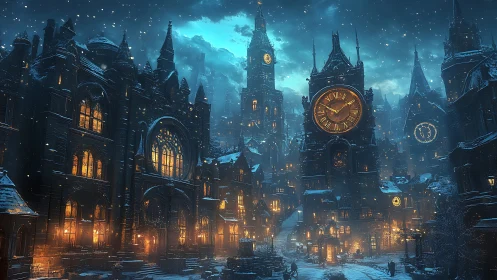 Snow-covered clocktower city with illuminated windows at night.