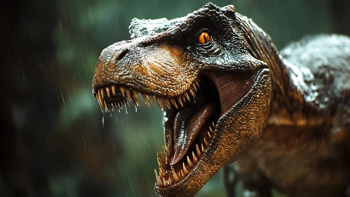 Rain-soaked tyrannosaur head render with hyperreal texturing.