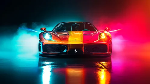 Twin-colored supercar glows boldly in vibrant neon mist