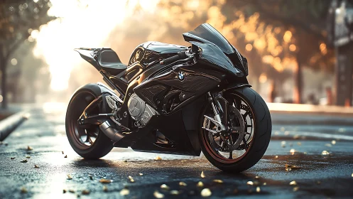 Sleek black sport motorcycle rests on a sunlit autumn street
