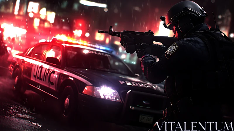 Night raid standoff with tactical police under neon rain.