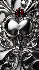 Chromed skull filigree with garnet heart in baroque relief.