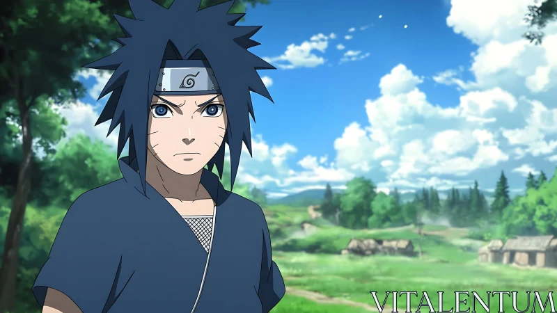 Storm-eyed ninja stands guard over tranquil village fields.