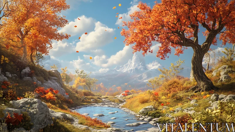 Golden autumn river trail beneath distant snowy peaks.