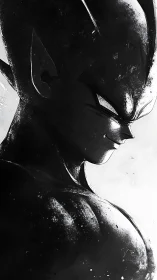 Monochrome close-up of muscular anime figure in profile.