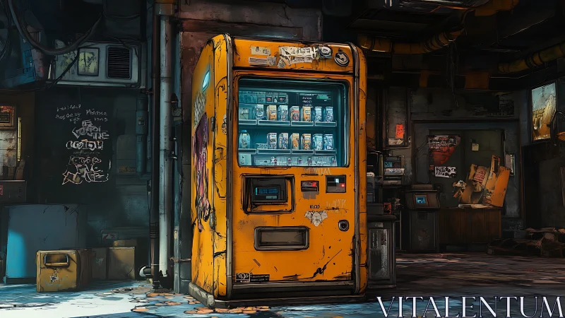 Industrial neon vending module in derelict service bay.