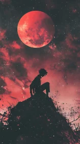 Silhouetted figure sits on rocky hill beneath red full moon