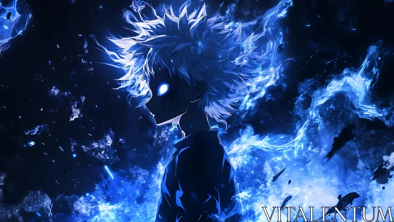 Side profile of glowing blue haired figure in dark void.