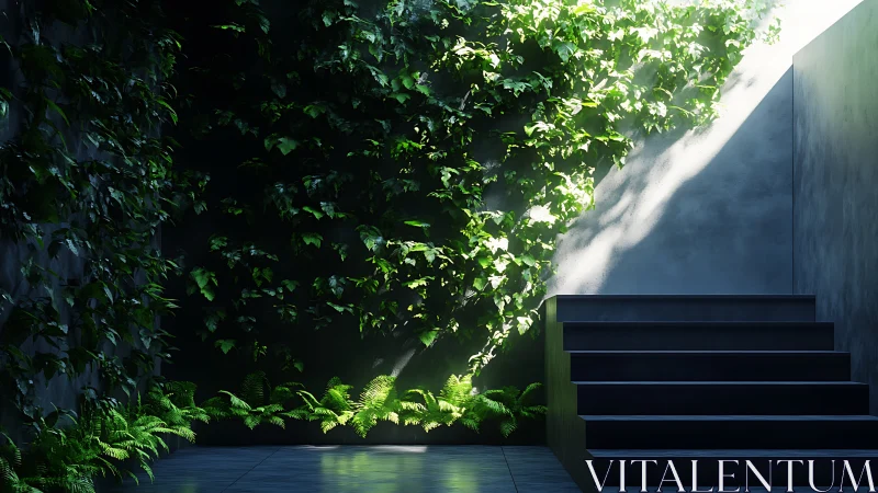 Modern courtyard with vegetation overgrowth and architectural elements.