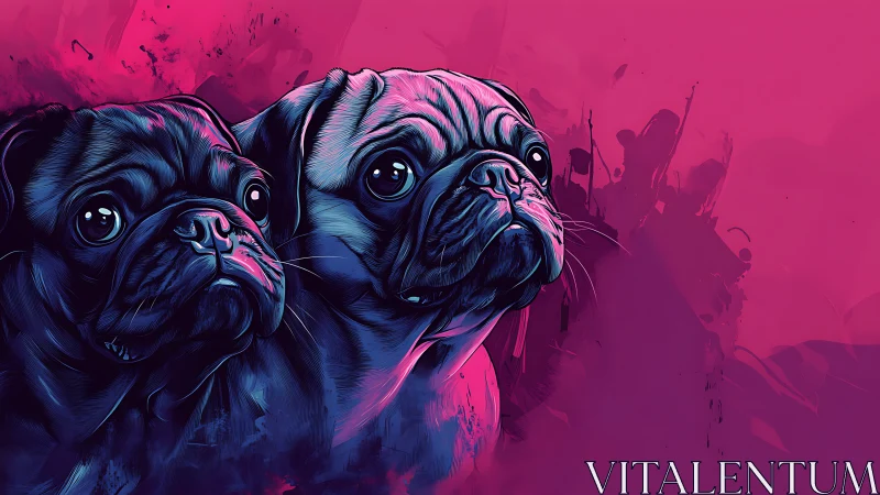 Two stylized pug portraits appear against vivid magenta background