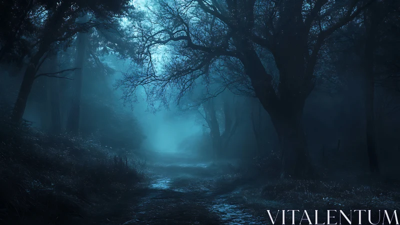 Nocturnal woodland path in mist with cinematic chiaroscuro lighting.