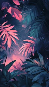 Neon jungle foliage with glowing misty forest core.