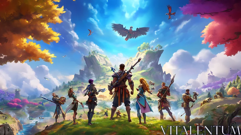 Fantasy adventurers survey lush valley under radiant sky