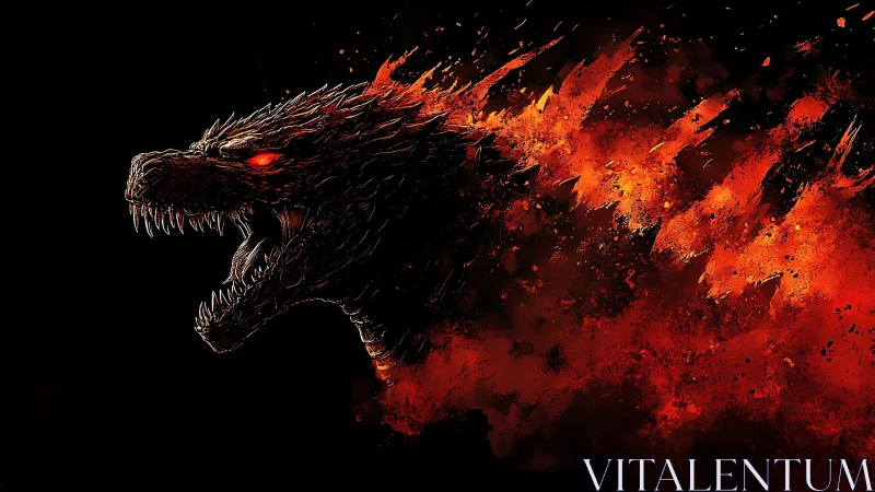 Thermal-ignited reptilian kaiju profile in eruptive combustion field.