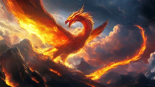 Inferno-winged phoenix carving firepaths through stormed sky.