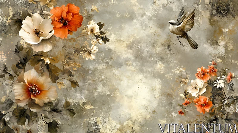 Songbird in flight amid sepia florals on textured pastel ground