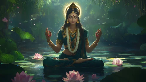 Seated figure meditates on lotus-filled water in dense forest