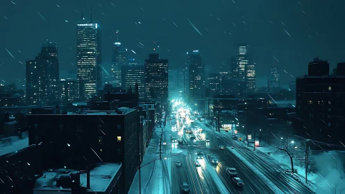 Snowlit traffic stitches neon threads through the frozen city