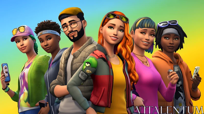 Stylized diverse friends pose together against vibrant gradient