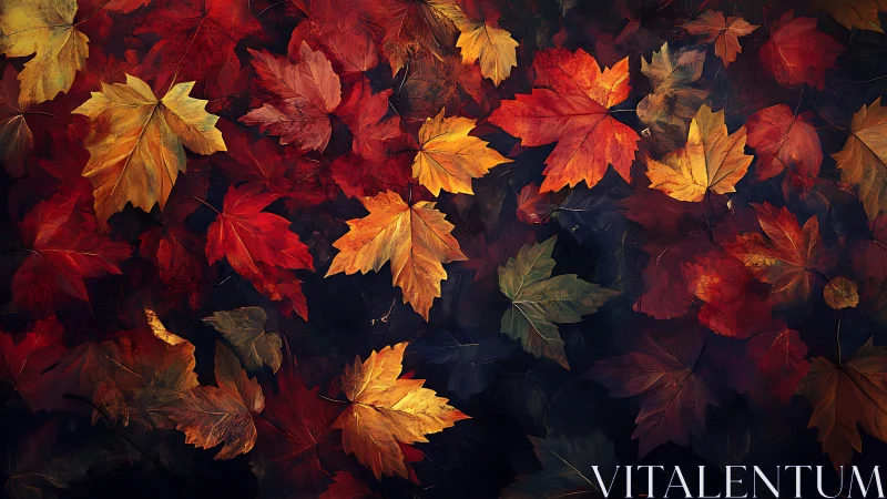 Crimson maple leaves drift across a velvety twilight forest floor.