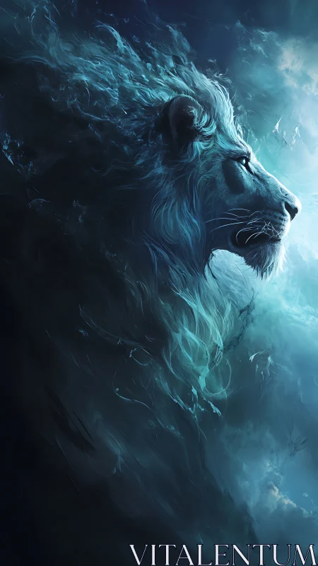 Mythic blue lion profile emerging from storm-lit void.