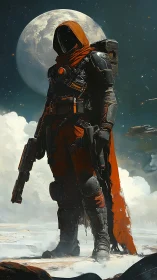 Hooded sci fi ranger armed on icy alien landscape.