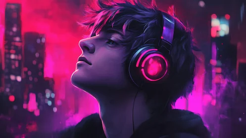 Headphoned figure in neon urban environment at night.