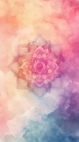 Radiant lotus mandala over softly blended pastel clouds.