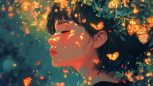 Luminous monarch vectors orbiting tranquil digital portrait.